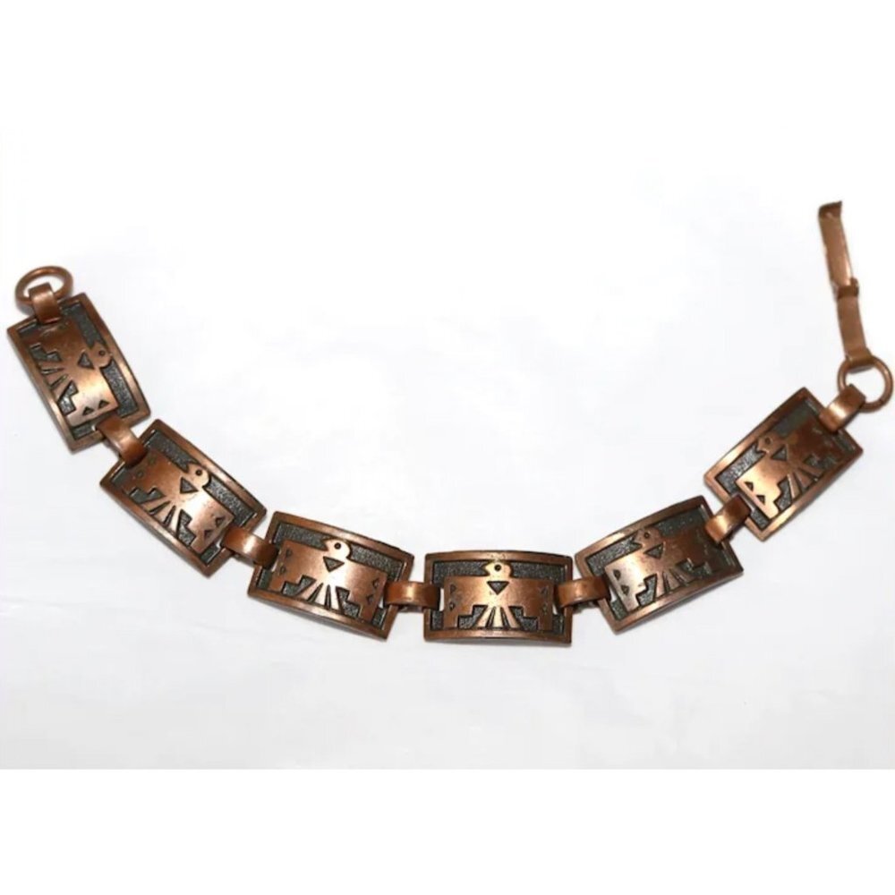 Vintage Copper Thunderbird Panel Linked Bracelet -- 6.5"